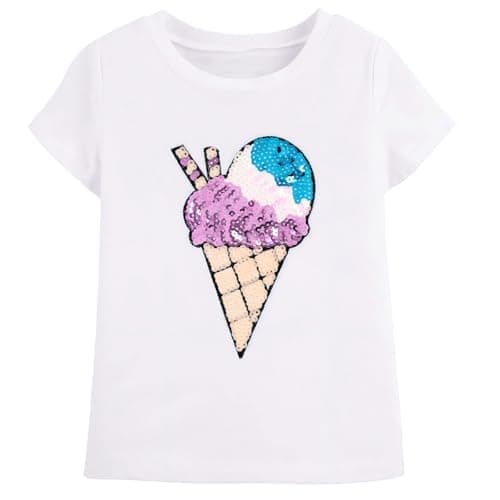 Image of Girls Clothes White T-Shirt with 3-Tone Ice Cream Reversible Sequin, Short Sleeve Crew Neck Summer Top, Casual Toddler Girls Tee Age 6