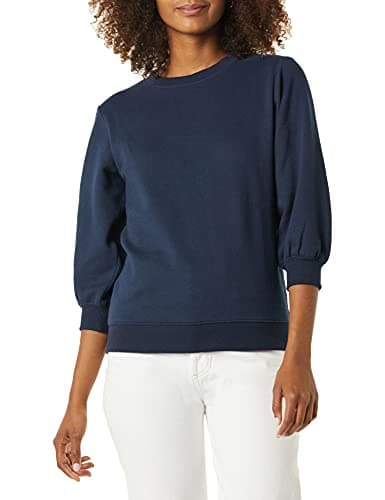 Image of Amazon Essentials Women's French Terry Fleece Crewneck Sweatshirt with Sleeve Detail, Navy, M