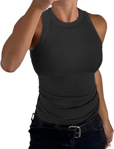 Image of TrendiMax Womens Sleeveless Racerback Tank Top High Neck Ribbed Knit Slim Sexy Vest Cami Shirt Black