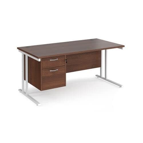 Image of Office Monster Cooper straight desk 1600mm x 800mm with 2 drawer pedestal - white cantilever leg frame, walnut top