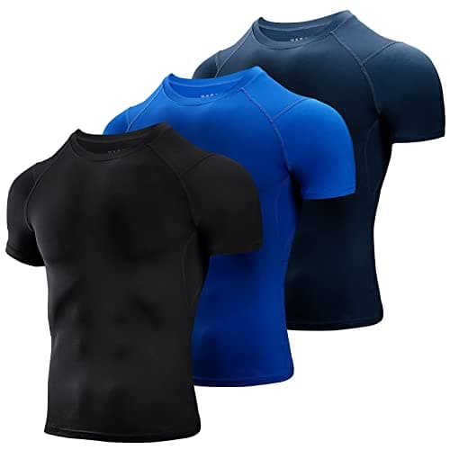Image of Niksa 3 Pack Compression Tops for Men Short Sleeve Mens Running Top Mesh Design Quick Dry Base Layer Top for Gym Sports Fitness Workout Cycling,Training,Black/Blue/Navy,L