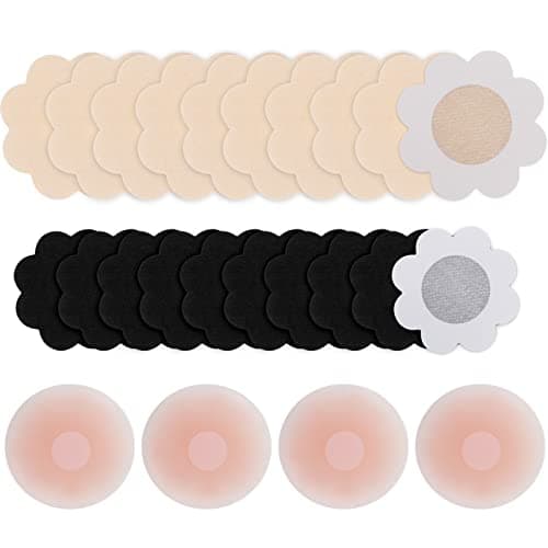 Image of Bigqin 12 Pair Nipple Covers, 4 Silicone Breast Petals 20 Non-woven fabric Invisible Nipple Cover Flower Reusable Adhesive Nippleless Covers for Women Party Dress, Skin Colour, Black
