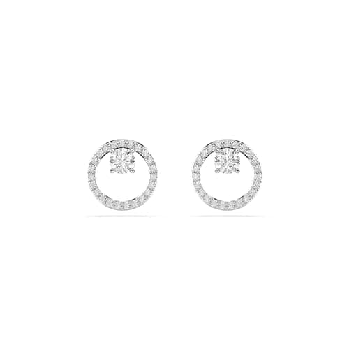 Image of Swarovski Constella Circle Stud Earrings, Pavé Ring of Clear Crystals with Clear Round-Cut Centre Stone in a Rhodium-Finished Setting, Part of the Swarovski Constella Collection