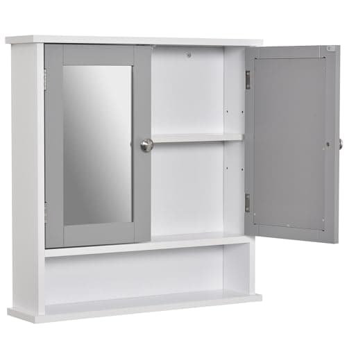 Image of kleankin Mirror Cabinet Wall Mounted with Double Mirrored Doors, Hanging Cabinet with Cupboard and Shelf, Bathroom Wall Storage Organiser, Grey