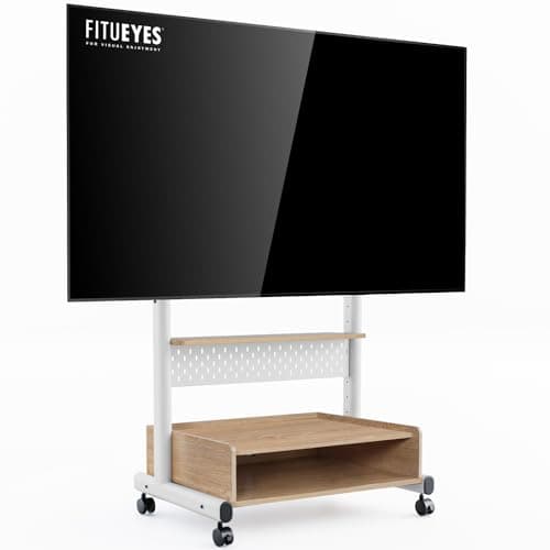Image of FITUEYES TV Floor Stand on Wheels for 40-85" Screens, Rolling TV Stand Cart with Peg Board, Height Adjustable, Lockable Casters & Storage Cabinet Holds 60kgs, White & Oak, K Series