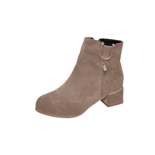 Image of Womens Ankle Boots Comfortable Wide Fit Walking Boots Rhinestone Side Zipper Chunky Block Heel Stylish Classic Short for Adults Zip-up Shoes