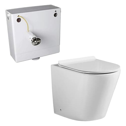 Image of Rimless Back to Wall Toilet with Concealed Cistern Modern Round BTW Short Projection Toilet White Ceramic WC Pan Soft Close Seat Compact Toilets for Bathroom Eco Flush WC