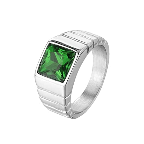 Image of Lieson Men Stainless Steel Ring Band, Men Rings Wedding Width 10.5MM Green Men Rings Cubic Zirconia Silver Ring Size P 1/2