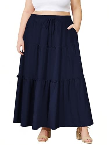 Image of Moon Wood Women's Skirts Summer Maxi Long Skirt High Waist Flowy Ruffle Tiered A Line Skirts with Pockets Navy Blue XL