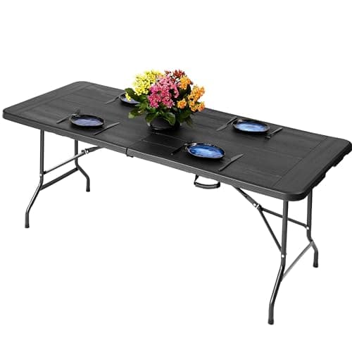 Image of NOVECRAFTO 6ft Folding Table, Functional Indoor and Outdoor Foldable Trestle Table with Wood Grain Pattern, Heavy-Duty Black Table Surface 70.8x29.5 In (180x75cm) with Steel Frame - Easy to Fold and S