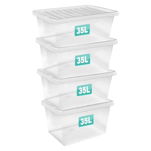 Image of Optimal Products 4 x 35 Litre Storage Boxes With Lids Set of 4, Clear Multipurpose Nestable Stackable Plastic Storage Box With Lid Clear Containers For Home, Kitchen, Garage, Office, Accessories