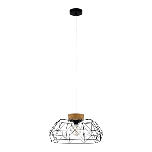 Image of Eglo Pendant Lighting Padstow, Hanging lamp Vintage, Industrial, Retro Ceiling Light Made of Black Metal and Natural Wood, Dining Table lamp, FSC Certified, E27 Socket