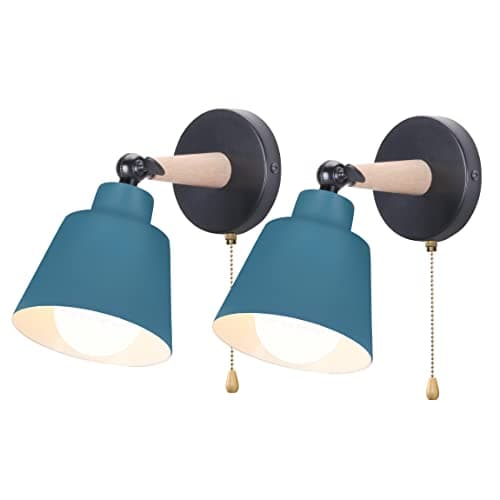 Image of iDEGU Set of 2 Retro Vintage Wall Light E27 Industrial Wooden Metal Adjustable Interior Wall Lamp with Switch Modern for Bedroom Entrance Living Room (Oxford Blue)