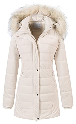 Image of Chrisuno Women's Warm Winter Coat Velvet Puffer Jacket Quilted Faux Fur Hood, Beige, L