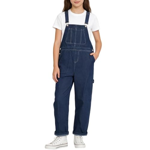 Image of Rolanko Girls Jeans Bib Overalls, Baggy Denim Dungarees Jumpsuit for Big Kids, Dark Blue Pocket, Tag Size:160