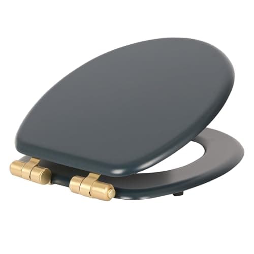 Image of Harbour Housewares Soft Close Toilet Seat - Blue with Hinges - Pack of 1 - Oval-Shaped Wooden Toilet Seat Antibacterial Loo Lid with Universal Gold Hinges, Fixings & Fittings