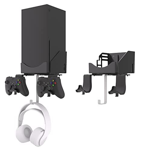 Image of Hosanwell XBOX Series X Wall Mount Bracket Stand 4 in 1 Bundle Set, Dual Controller Holder & Headphone Hanger, Heat Dissipation, Comes with Non-Slip Mat, Cable Charging Notch, Easy Installation