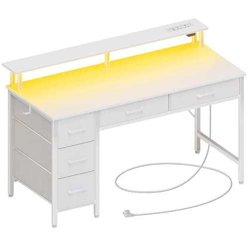 Image of Seventable 120cm Computer Desk with LED Lights, USB Ports & Power Outlets, Monitor Stand and 5 Storage Drawers – Home Office Desk, Study Desk for Bedroom or Small Spaces, White