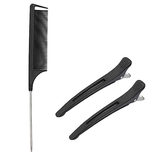 Image of HY DOT Hair Comb - Rat Tail Fine Tooth Pin Sectioning Hairdressing Styling Cutting Parting Tails With Metail & 2 large Clips for Women Men Girls By, Black
