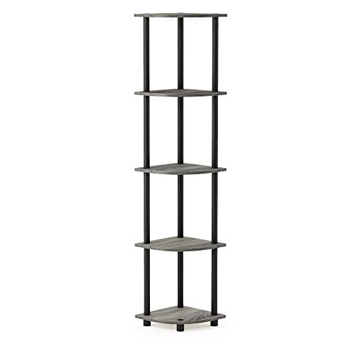 Image of Furinno TURN-N-TUBE Corner Shelf, 5-Tier Corner Bookshelf, Open Storage Shelves, for Organization and Storage, Living Room, Home Office, Garage, Bedroom, French Oak
