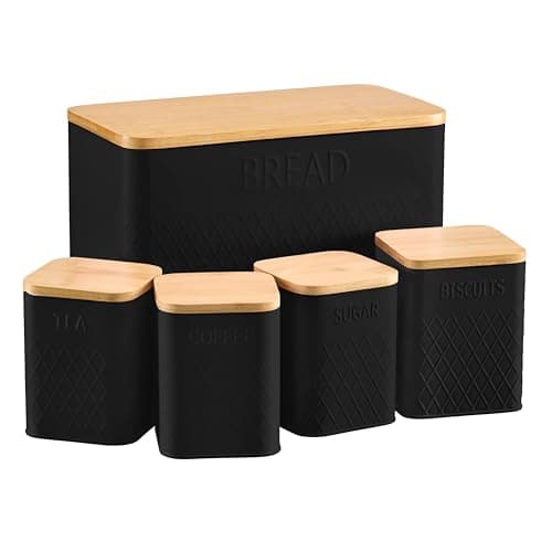 Image of Cooks Professional 5 Piece Tea, Coffee, Sugar, Biscuit & Bread Square Cannister Set with Bamboo Lids | Diamond Pattern Labelled Stainless Steel Kitchen Storage Bins Airtight Containers | Black