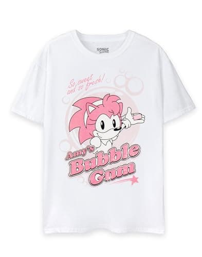 Image of Sonic The Hedgehog Womens T-Shirt | Ladies Amy's Bubblegum Graphic Tee in White | Pink Vintage Game Lightweight Short-Sleeved Top | Cute Gaming Merchandise Apparel Gift for Adults