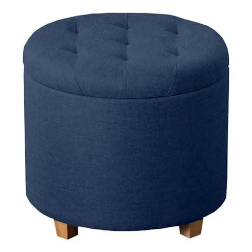 Image of A406 Linen Fabric Round Ottoman Storage Box with Lid, Tufted Seat, Padded Stool Footstool with Storage Bench In Grey Black, Navy Colour (Navy Blue)