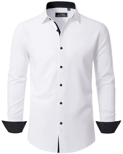 Image of J.VER Mens Shirts Long Sleeve White Dress Non Iron Slim Fit Stretch Business Casual Wedding Fashion Formal Shirt S