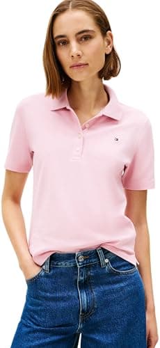 Image of Tommy Hilfiger Women's 1985 REG Pique Polo SS WW0WW43224 S/S Polo, Pink (Bonita Pink), L