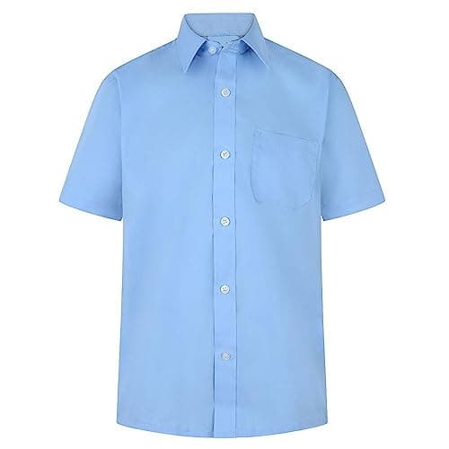 Image of L S U Boys Dress School Shirts Short Sleeve Long Sleeve in Blue & White Colour (9-10 Years (13" Collar Size), Blue Short Sleeve)