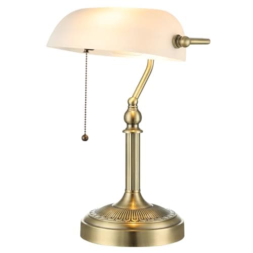 Image of Newrays Traditional Glass Bankers Desk Lamp with Pull Chain Switch Plug in Fixture