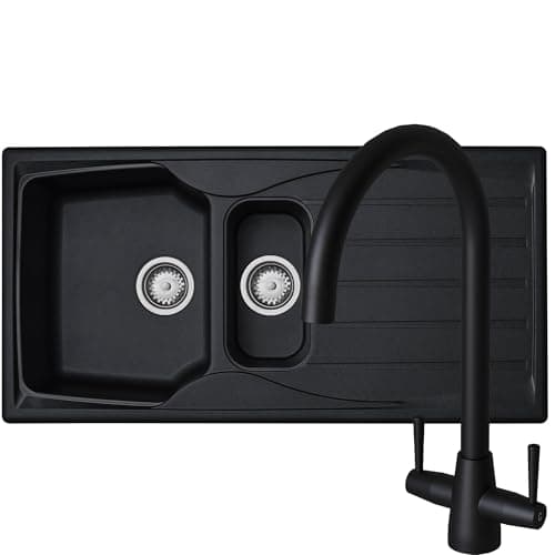 Image of Liquida CMP15BL 1.5 Bowl Reversible Black Kitchen Sink and LU408MB Mixer Tap