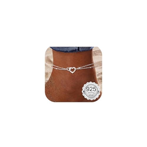 Image of MILACOLATO 925 Sterling Silver Anklets for Women Dainty Heart Layered Waterproof Silver Ankle Bracelets Adjustable Extra Large Anklet Beach Foot Jewellery