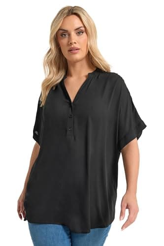 Image of Yours Curve Half Placket V-Neckline Blouse - Women's - Plus Size Curve Black