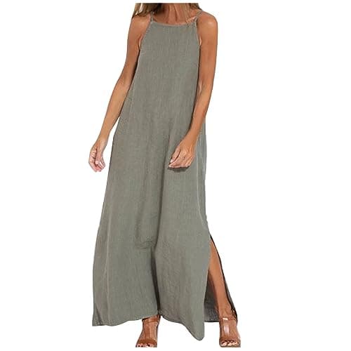 Image of Sundress for Women UK Cotton Linen Summer Maxi Dresses Sleeveless Spaghetti Strap Dresses Solid Color Swing Long Dress Elegant Business Work Dress Holiday Beach Party Dresses Army Green