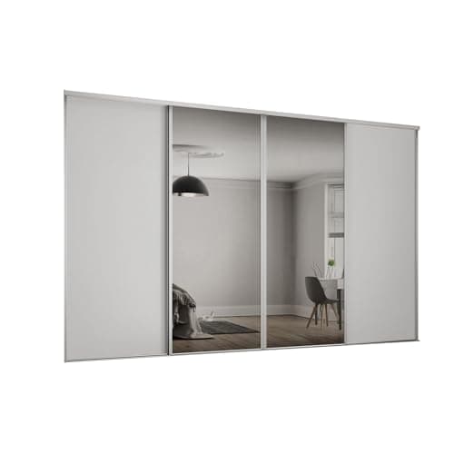 Image of SPACEPRO Heritage Sliding Door Wardrobe with Mirror, 4 Door Sliding Wardrobe Kit with Modern Dove Grey Panel & Mirror (BSEN12600) Wardrobe for Bedroom Storage - Ideal for 2260mm x 2370mm opening