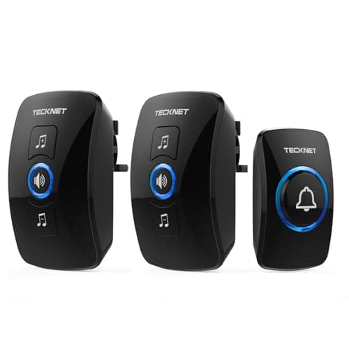 Image of TECKNET Wireless Doorbell - IP65 Waterproof Twin Door Bell, Plug in Wireless Doorbell with 2 Receivers at 1300ft/400M Wireless Range, 60 Chimes, 5 Level Volumes & Blue Light, Plug in Door Bell, Black