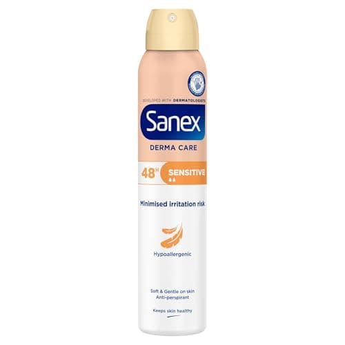 Image of Sanex Derma Care Sensitive 48-Hour Antiperspirant Spray Deodorant 200ml – long-lasting freshness against sweat and odour – gently cares for skin – contains 0% alcohol*