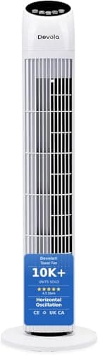 Image of Devola Tower Fan with Remote Control 33-Inch | Quiet Cooling Fan, Oscillating & Standing Silent Electric Floor Fan for Bedrooms, Home & Office | 3 Speeds, 3 Modes, 12H Timer - DV33TFWH (White)