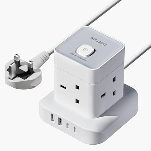 Image of AICODE Cube Extension Lead with USB Slots,4 Way Multi Plug Extension Socket Tower with 2 USB C & 2 USB A Ports,Overload Protected Extension Lead with Switch,2M Extension Cable for Home Office Kitchen