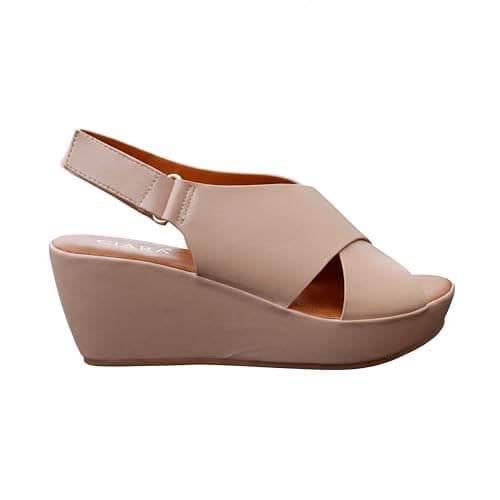 Image of CIARA LONDON Ladies Slip On Mid Heel Wedge Casual Summer Sandals, Hook & Loop, Slingback, Open Toe, Nude UK 5