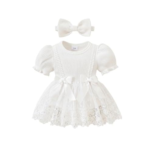 Image of JiAmy Baby Girl Romper Dress with Headband, Ribbed Puff Sleeve Lace Tulle Tutu Bodysuit Princess Outfit for Infant Newborn Toddler Girls for 6-9 Months,White