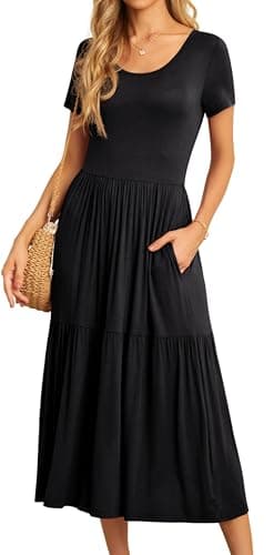 Image of GRECERELLE Womens Summer Maxi Dress Casual Short Sleeve Crew Neck Swing Flowy Tiered Party Dresses with Pockets for Weddings, Holidays (Black, M)