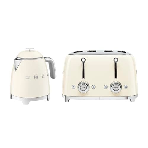 Image of Smeg 50’s Style Retro Range Breakfast Set, 0.8L 1400W Mini Kettle and Multi-Functional Control 4-Slice 2000W Toaster, Cream, KLF05CRUK/ TSF03CRUK
