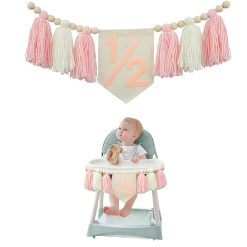 Image of Auroriel Pink Tassel High Chair Banner, 6 Months Baby Girl Decoration, Happy Half Birthday Banner, Half Year Birthday Photoshoot & Party Supplies