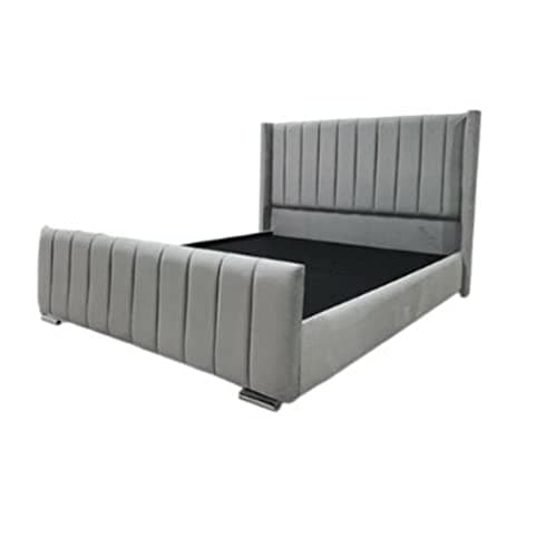 Image of New Jassat 5FT Kingsize 4FT6 DOUBLE Velvet Fabric Upholstered Chesterfield Wing Headboard Sleigh Bed (Steel, 4FT6 Double)