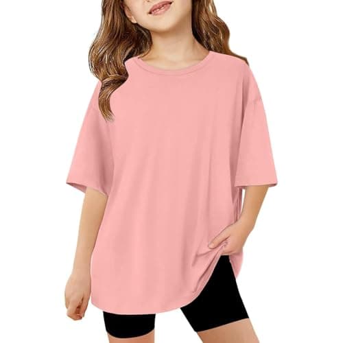 Image of Summer Tops for Girls Drop Shoulder Oversized T Shirts for Toddler Summer Short Sleeve Crewneck Tops Plain Loose Fit Baggy Vintage Shirts Holidays School Basic Wear (Pink, 3-4 Years)