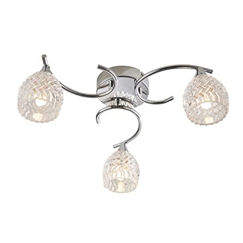 Image of National Lighting Reagan Decorative Silver Chrome Curved Arm Semi Flush Ceiling Light with 3 Patterned Cut Glass Shades