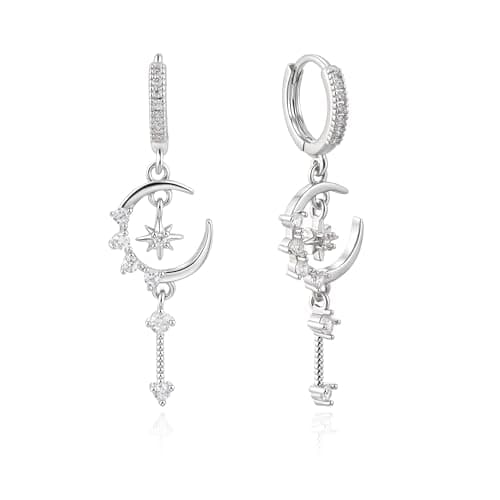 Image of Weviway Silver Moon and Star Drop Earrings, 14K Gold Plated Cubic Zirconia Hoop Dangle, 4cm Length, Gifts for Women Girls
