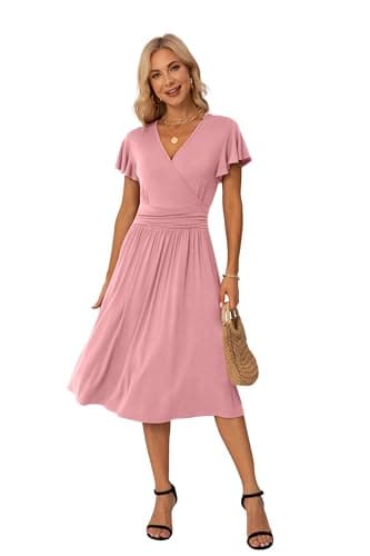 Image of GRECERELLE Womens Summer Wrap Dress Ladies Casual Ruffle Short Sleeve V-Neck Floral Beach Dresses for Women (Pink, M)